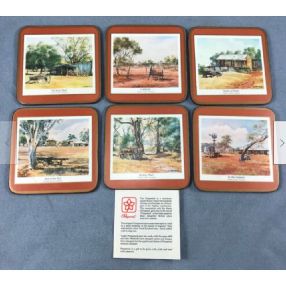Vtg 6 Acrylic Pimpernel Coasters Wheels Across Australia 0126701 DJ Brennan 1981